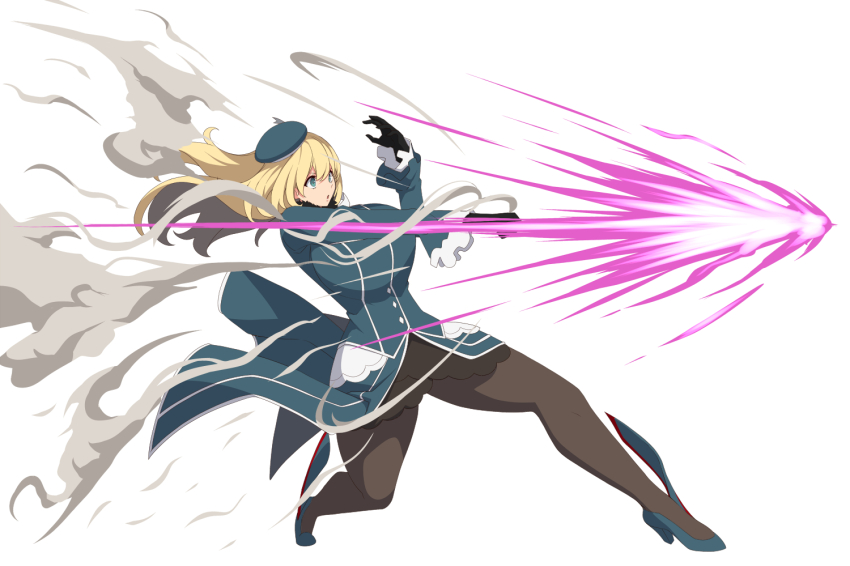 1girl atago_(kancolle) beret black_gloves blonde_hair blue_coat blue_footwear blue_hat blue_skirt breasts coat energy_beam fighting frilled_sleeves frills gloves hat high_heels huge_breasts kantai_collection kloah long_hair military military_uniform pantyhose skirt smoke solo sprite