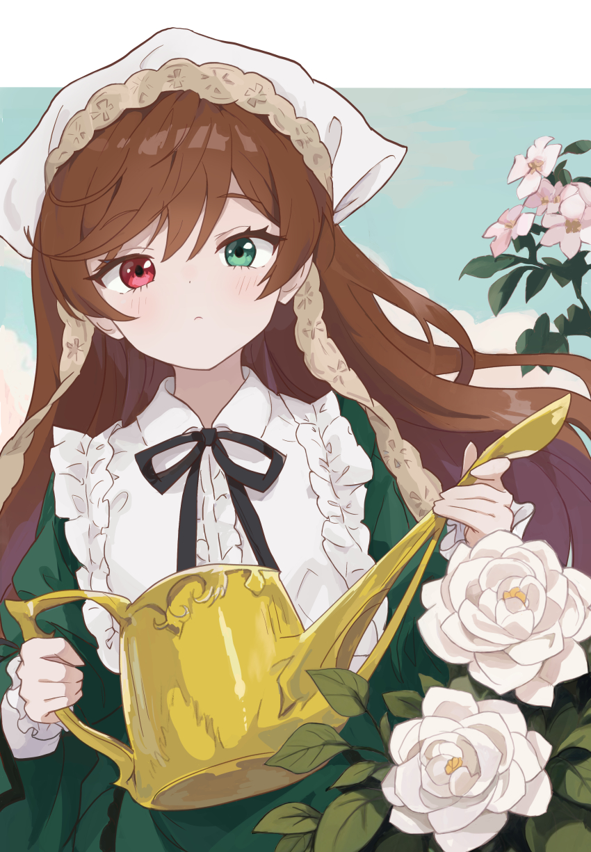 1girl absurdres brown_hair dotton9 flower green_eyes hat heterochromia highres holding holding_watering_can leaf long_hair looking_at_viewer mob_cap plant rozen_maiden solo suiseiseki very_long_hair watering_can white_flower