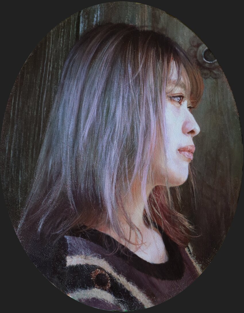 1girl absurdres brown_hair commentary_request from_side grey_hair highres medium_hair multicolored_hair naohiro_ito oil_painting_(medium) original painting_(medium) pink_hair portrait portrait_(object) profile realistic solo sweater traditional_media