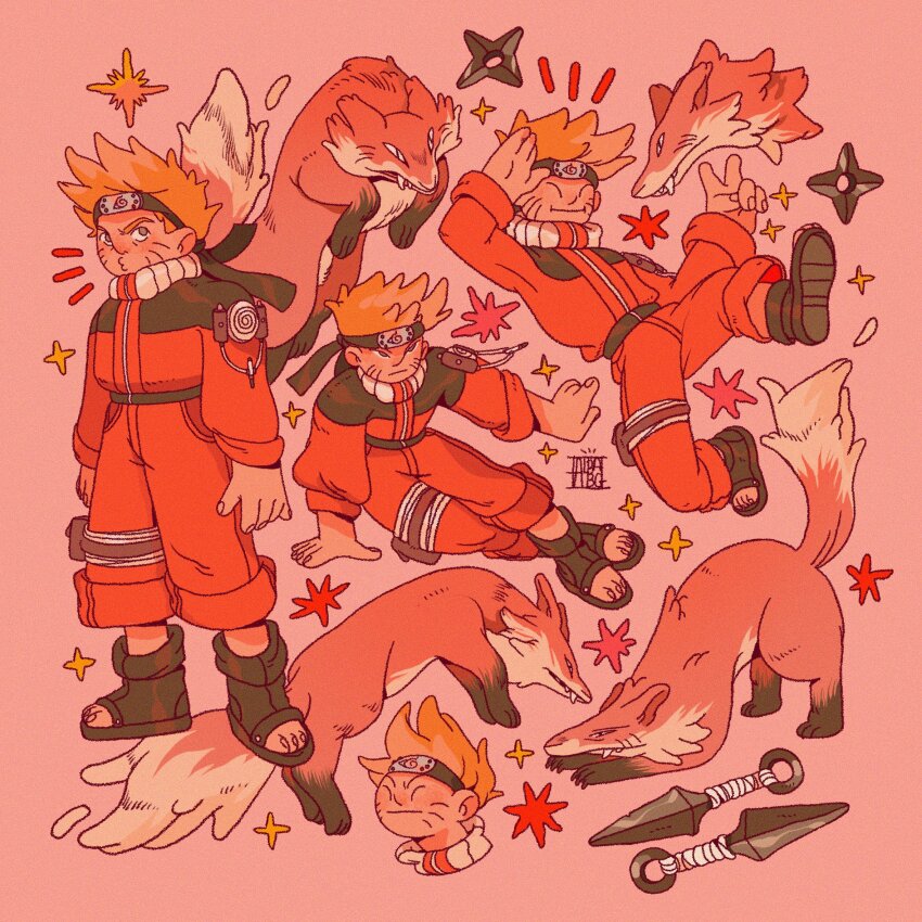 albabg artist_logo boots commentary english_commentary facial_mark flak_jacket forehead_protector fox highres jacket jumpsuit konohagakure_symbol logo multiple_views naruto_(series) open-toe_boots orange_jumpsuit orange_pants pants pink_background shuriken simple_background sparkle star_(symbol) uzumaki_naruto v weapon whisker_markings