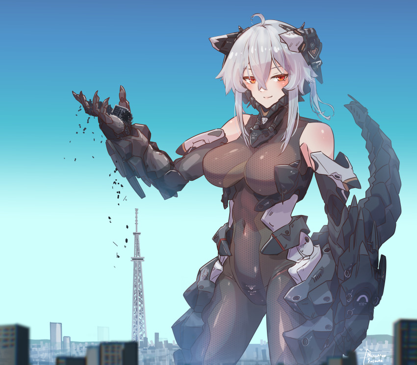 1girl absurdres ahoge bare_shoulders bodysuit breasts building city cityscape covered_navel dated destruction giant giantess grey_hair hair_between_eyes headgear highres large_breasts looking_at_viewer m004_(natsukaze_shigure) mecha_musume mechanical_tail natsukaze_shigure original red_eyes sidelocks sky skyscraper smile solo tail variant_set