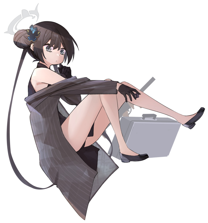 1girl 53c_(ray_cordova) absurdres ass black_dress black_gloves black_hair black_shoes blue_archive butterfly_hair_ornament closed_mouth coat double_bun dress gloves grey_coat grey_eyes grey_halo hair_bun hair_ornament halo highres kisaki_(blue_archive) long_hair long_sleeves shoes simple_background sleeveless sleeveless_dress solo striped_coat twintails vertical-striped_coat white_background