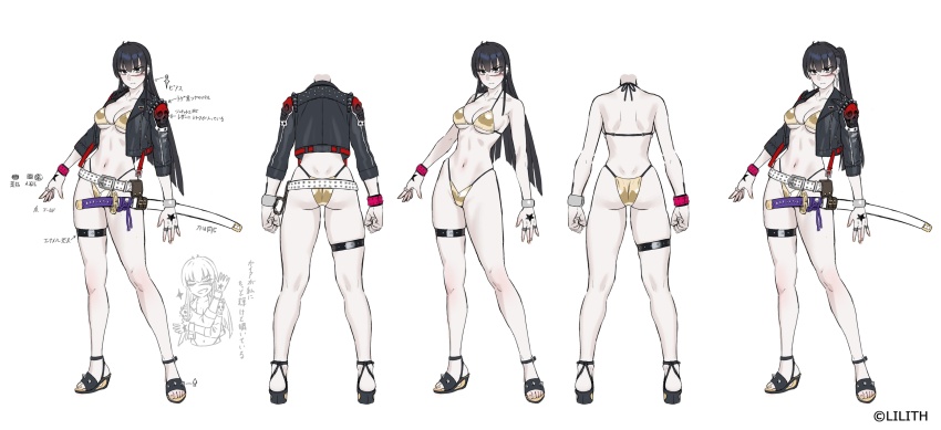 1girl absurdres armlet ass belt bikini black_hair cropped_jacket full_body gold_bikini high_ponytail highleg highleg_bikini highres jacket jewelry jigokumaru_akira long_hair multiple_views open_clothes open_jacket ponytail reference_sheet sandals scar scar_on_face simple_background swimsuit sword taimanin_(series) taimanin_rpgx thong thong_bikini weapon white_background wide_hips yuuji_(and)