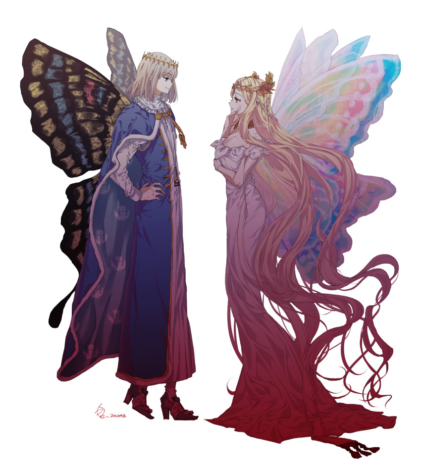 1boy 1girl arthropod_boy aurora_(fate) blonde_hair blue_cloak blue_eyes braid butterfly_boy butterfly_wings cloak crown diamond_hairband dress fairy fairy_wings fate/grand_order fate_(series) fgohanunsaram full_body fur-trimmed_cloak fur_trim head_wreath highres insect_wings jewelry long_dress long_hair long_sleeves looking_at_another medium_hair mermaid_dress necklace oberon_(fate) oberon_(first_ascension)_(fate) pointy_ears rainbow_wings simple_background smile standing very_long_hair white_background wings yellow_eyes