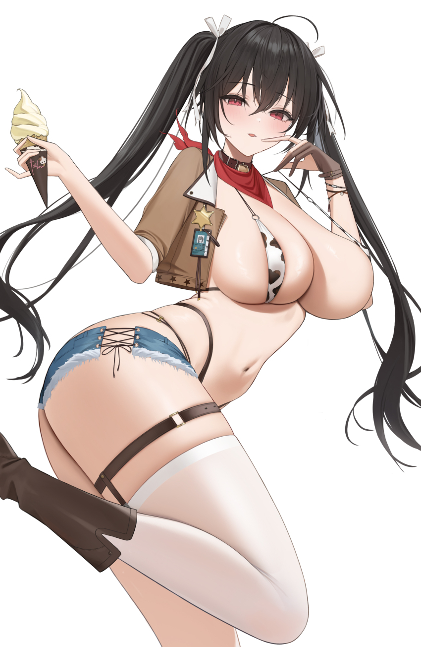 1girl absurdres afpl_(parrotz4) areola_slip azur_lane black_hair blush boots breasts brown_boots brown_gloves cowgirl_(western) food from_side gloves hair_between_eyes hair_ribbon highres holding holding_food holding_ice_cream holding_ice_cream_cone ice_cream ice_cream_cone knee_boots large_breasts long_hair looking_at_viewer looking_to_the_side navel parted_lips red_eyes ribbon sideboob simple_background single_glove solo stomach taihou_(azur_lane) thigh_strap thighhighs thighhighs_under_boots thighs twintails white_background white_ribbon white_thighhighs