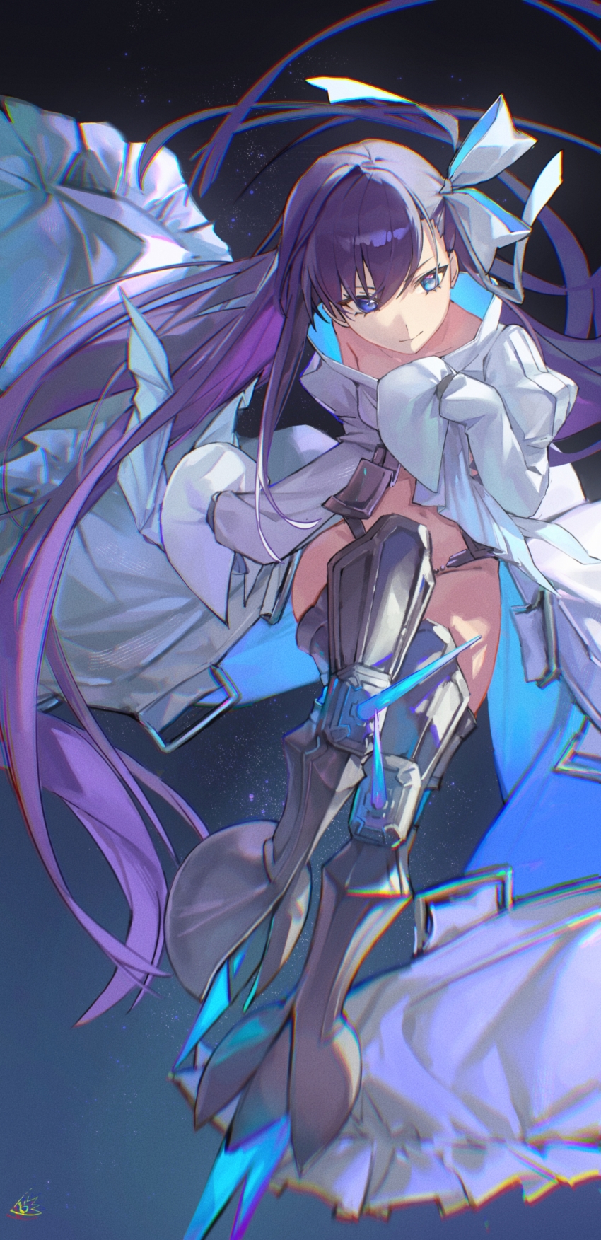 1girl absurdres armored_boots blue_eyes boots breasts coat fate/grand_order fate_(series) highres jiajiayu long_hair long_sleeves looking_at_viewer meltryllis_(fate) meltryllis_(third_ascension)_(fate) prosthesis prosthetic_leg purple_hair sleeves_past_fingers sleeves_past_wrists solo white_coat
