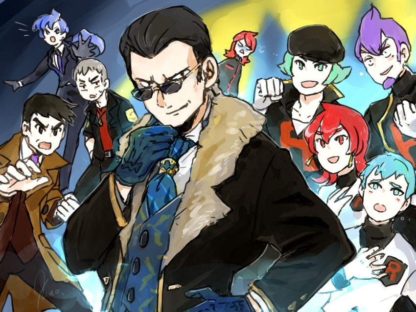 2girls 6+boys anabel_(pokemon) archer_(pokemon) ariana_(pokemon) beret black_coat black_hair blue_hair coat father_and_son giovanni_(pokemon) giovanni_(sygna_suit)_(alt.)_(pokemon) gloves green_hair hand_on_own_chest hat looker_(pokemon) mole mole_under_eye multiple_boys multiple_girls nanu_(pokemon) nintendo official_alternate_costume open_mouth petrel_(pokemon) pokemon pokemon_hgss pokemon_masters_ex pokemon_sm proton_(pokemon) purple_hair red_hair silver_(pokemon) sunglasses team_rocket thick_eyebrows trench_coat white_gloves xiao_(yangshen)