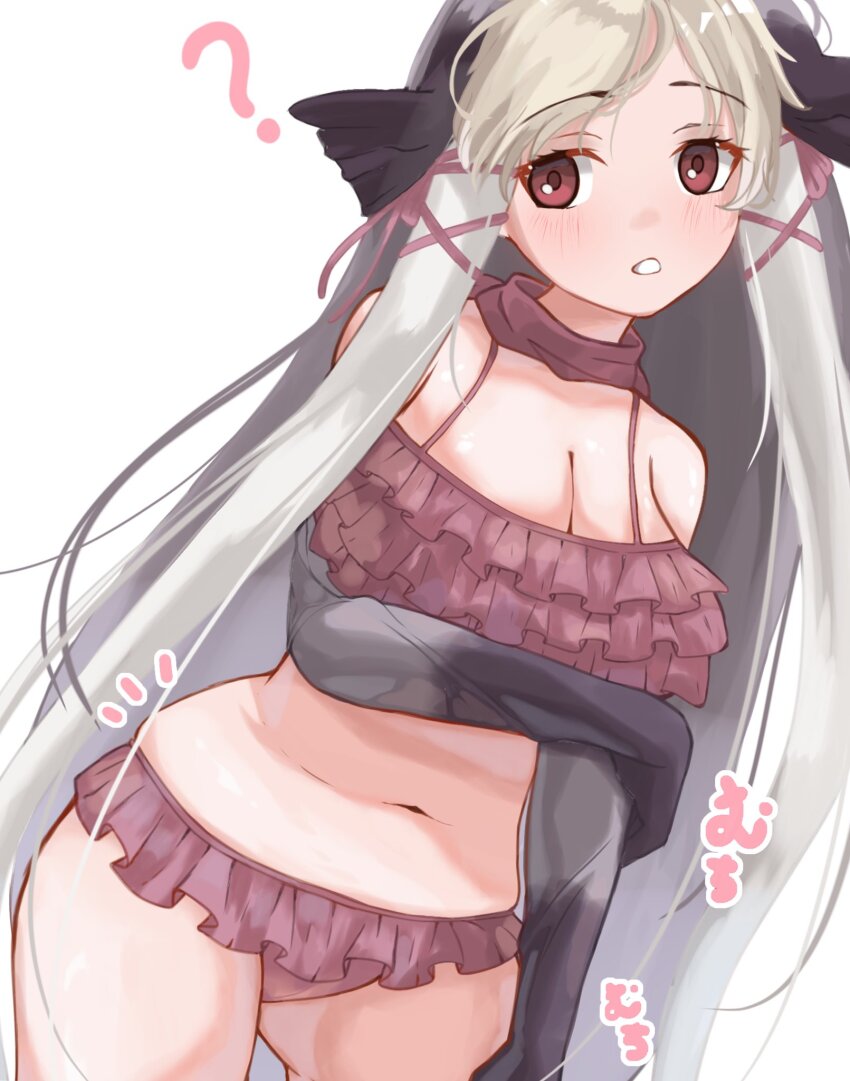 1girl bikini blonde_hair blush commentary_request cowboy_shot elbow_gloves frilled_bikini frills gloves grey_gloves grey_hair highres kemono_friends long_hair midriff multicolored_hair navel pink_bikini pink_eyes sarutori sidelocks solo swimsuit two-tone_hair walrus_(kemono_friends)