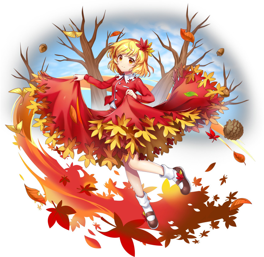 1girl aki_shizuha autumn_leaves bare_tree blonde_hair blue_sky breasts brown_shoes buttons closed_mouth cloud day falling_leaves footwear_ornament full_body game_cg hair_ornament highres leaf leaf_cutout leaf_hair_ornament long_sleeves looking_at_viewer maple_leaf mary_janes medium_hair official_art pinecone red_shirt red_skirt rotte_(1109) shirt shoes skirt skirt_hold sky smile socks solo third-party_source touhou touhou_lostword transparent_background tree white_socks yellow_eyes