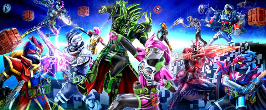 2girls 6+girls action_gamer_level_2 adk-em axe backpack bag bandai bandai_namco block_(object) blue_eyes buggle_driver_ii buttons cannon chronicle_gamer coin commentary controller dangerous_zombie_gashat doremifa_beat_gashat fantasy_gamer_level_50 flat_cap gamer_driver gashacon_breaker gashat gashat_gear_dual gashat_gear_dual_beta gauge gekitotsu_robots_gashat giri_giri_chambara_gashat graphite_bugster green_eyes hat highres ishimori_prod kamen_rider kamen_rider_brave kamen_rider_chronicle_gashat kamen_rider_cronus kamen_rider_ex-aid kamen_rider_ex-aid_(series) kamen_rider_genm kamen_rider_lazer kamen_rider_lazer_turbo kamen_rider_para-dx kamen_rider_poppy kamen_rider_snipe kimewaza_slot_holder masukudo_(hamamoto_hikaru) maximum_gamer_level_99 maximum_mighty_x_gashat mighty_action_x_gashat multiple_girls perfect_knockout_gamer_level_99 polearm proto_jet_combat_gashat proto_mighty_action_x_gashat_origin proto_shakariki_sports_gashat proto_sports_bike_gamer_level_0 red_eyes ride_player ride_player_nico rider_belt rider_gashat simulation_gamer_level_50 spear sword taddle_fantasy_gashat taddle_fantasy_level_50 taddle_quest_gashat tagme toei_company tokimeki_crisis_gamer_level_x tokimeki_crisis_gashat tokusatsu trident tv_asahi weapon wheel yellow_eyes zombie_action_gamer_level_x-0