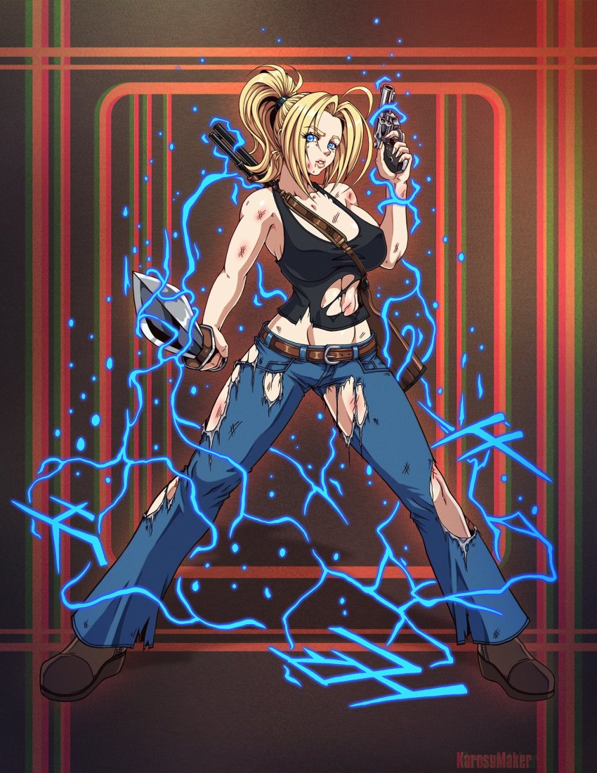 1girl alexandra_roivas aura belt black_tank_top blonde_hair blue_electricity blue_eyes bruise bruise_on_face denim electricity energy eternal_darkness:_sanity&#039;s_requiem glowing glowing_eyes glyph gun handgun highres injury jeans karosu_maker looking_at_viewer magic nintendo pants ponytail pump-action_shotgun revolver s&amp;w_model_637_airweight short_sword shotgun silicon_knights sword tank_top torn_clothes watermark weapon winchester_model_1300