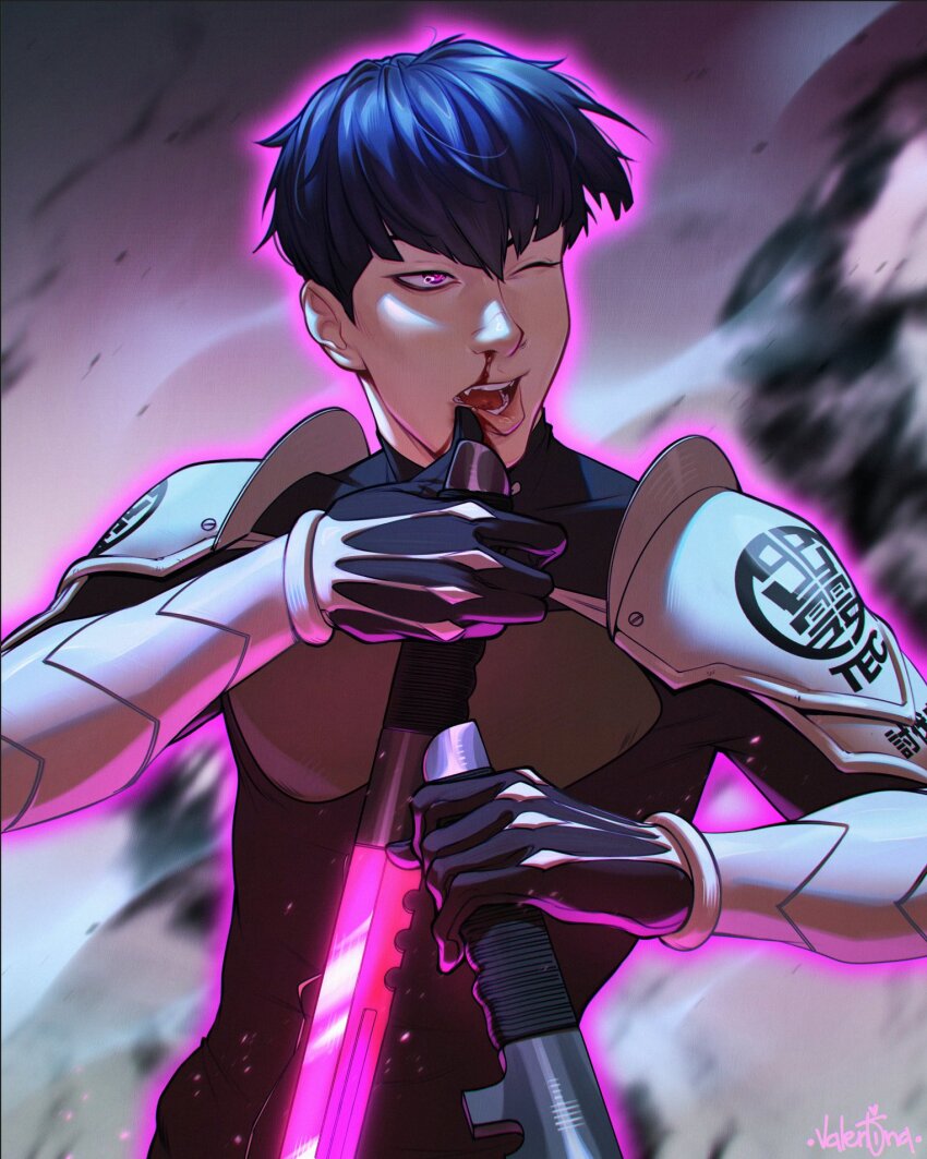 1boy armor black_gloves blood blue_hair dual_wielding gloves highres holding holding_sword holding_weapon hoshina_soshiro kaijuu_no._8 looking_to_the_side nosebleed one_eye_closed open_mouth pauldrons purple_eyes reverse_grip short_hair shoulder_armor solo sword upper_body valentina_tavolilla weapon