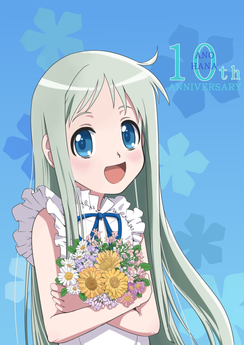 1girl absurdres anniversary ano_hi_mita_hana_no_namae_wo_bokutachi_wa_mada_shiranai. blue_eyes blush bow dress english_text flower grey_hair highres holding holding_flower honma_meiko long_hair maisama open_mouth solo
