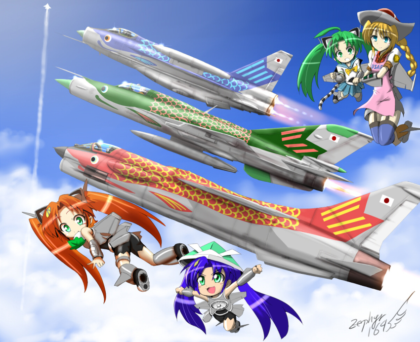 4girls aden_cannon afterburner ahoge aircraft airplane alternate_hair_color armor artist_name autocannon blonde_hair blue_hair braid cannon clenched_hands cloud contrail day drop_tank eating electronic_firearm english_electric_lightning f-16 f-35 f-8_crusader flying food glint green_eyes green_hair hair_ornament helmet huge_ahoge japanese_armor jet kabuto_(helmet) kashiwa_mochi_(food) koinobori long_hair mecha_musume mig-21 military mochi mouth_hold multiple_girls open_mouth origami original outstretched_arms personification pleated_skirt red_hair revolver_cannon school_uniform serafuku signature skirt sky spread_arms thighhighs twintails vehicle_and_personification vehicle_focus wagashi watermark windsock zephyr164