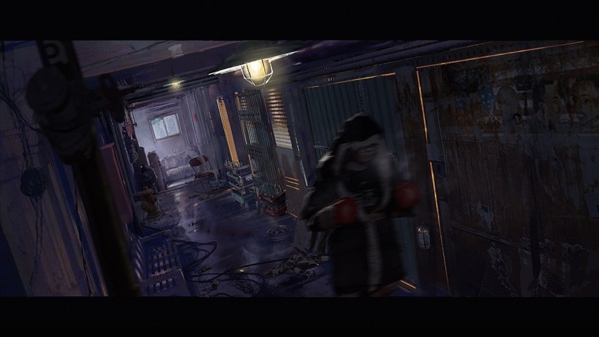 1boy black_border black_coat black_shirt border boxing_gloves bulletin_board cable ceiling_light chair chinese_commentary closed_eyes coat commentary_request couch cowboy_shot door dutch_angle fur-trimmed_coat fur_trim gloves graffiti hood hood_over_eyes hood_up hooded_coat indoors letterboxed male_focus motion_lines original paper realistic red_gloves running scenery shirt solo wangzy wide_shot