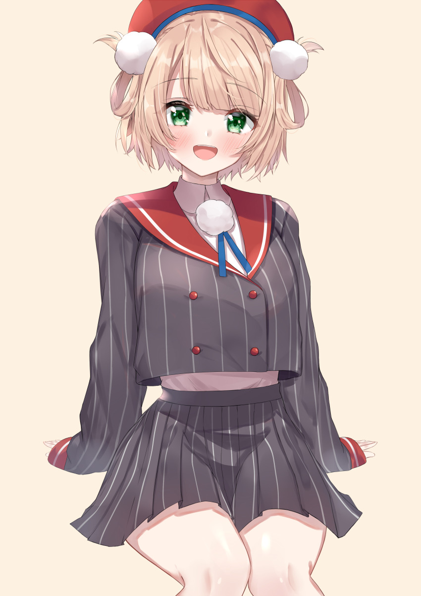 1girl absurdres arm_support beret black_jacket black_skirt blonde_hair blush brown_background commentary crop_top cropped_jacket green_eyes hair_ornament hair_rings hat highres indie_virtual_youtuber jacket long_sleeves looking_at_viewer nemun_(tamizzz) open_mouth parted_bangs pinstripe_jacket pinstripe_pattern pinstripe_skirt pom_pom_(clothes) pom_pom_hair_ornament red_hat shigure_ui_(vtuber) shigure_ui_(vtuber)_(1st_costume) shirt short_hair simple_background sitting skirt sleeves_past_wrists smile solo striped_clothes striped_jacket striped_skirt stylus thighs vertical-striped_clothes vertical-striped_jacket vertical-striped_skirt virtual_youtuber white_shirt