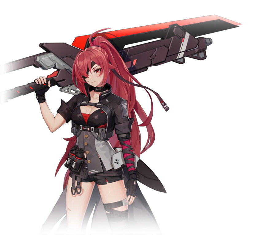 1girl asymmetrical_gloves black_gloves black_jacket black_shorts breasts cleavage closed_mouth collar cropped_jacket eyepatch fingerless_gloves gloves greatsword holding holding_sword holding_weapon huge_weapon jacket long_hair looking_at_viewer medium_breasts mole official_art over_shoulder ponytail pouch red_eyes red_hair roland_(starward) short_shorts short_sleeves shorts simple_background single_thighhigh solo starward sword thighhighs transparent_background very_long_hair weapon weapon_over_shoulder white_background
