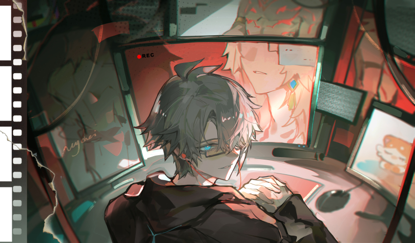 2boys absurdres antenna_hair black_hoodie blonde_hair blue_eyes chimera_(honkai:_star_rail) chinese_commentary commentary_request computer_mouse earphones earrings glasses gold_earrings highres honkai:_star_rail honkai_(series) hood hood_down hoodie iron_hailai jewelry looking_at_viewer looking_back male_focus monitor multiple_boys multiple_monitors mydei_(honkai:_star_rail) phainon_(honkai:_star_rail) red_tattoo short_hair white_hair yandere yaoi