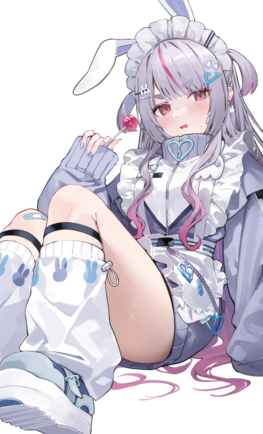 1girl amagasa_yun animal_ears apron blush candy food frown grey_hair grey_jacket hair_ornament hairpin highres holding holding_candy holding_food holding_lollipop jacket lollipop long_hair long_sleeves looking_at_viewer maid_apron multicolored_hair open_mouth pink_hair rabbit_ears rabbit_girl short_twintails simple_background sitting solo streaked_hair sweatdrop thick_eyebrows tosaki_mimi tosaki_mimi_(4th_costume) twintails virtual_youtuber vspo! white_apron white_background white_footwear