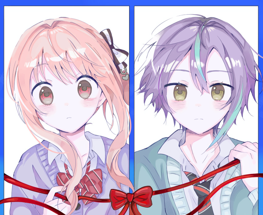 1girl 2others akiyama_mizuki blonde_hair blue_border blue_jacket border bow closed_mouth collared_shirt hair_between_eyes highres jacket kamishiro_rui long_sleeves looking_at_viewer multicolored_hair multiple_others necktie portrait project_sekai purple_hair red_ribbon ribbon shirt short_hair side_ponytail sidelocks streaked_hair two-tone_hair user_fera2437 white_background yellow_eyes