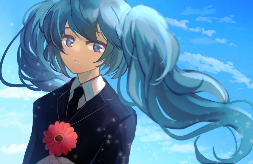 1girl absurdres black_jacket black_necktie blue_eyes blue_sky cloud collared_shirt commentary_request flower hatsune_miku hatsune_miku_(saihate) highres holding holding_flower jacket lapels long_hair looking_at_viewer necktie notched_lapels red_flower saihate_(vocaloid) shirt sky solo suit_jacket tsumurimai twintails vocaloid white_shirt wind