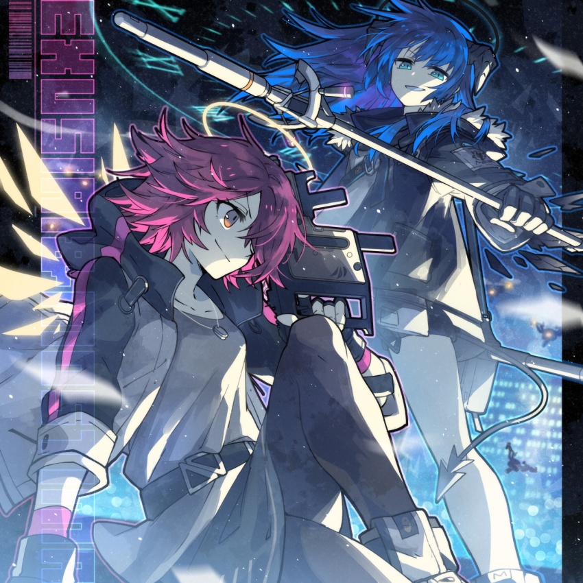 2girls arknights black_gloves black_halo black_jacket black_pantyhose blue_eyes character_name closed_mouth commentary_request demon_horns demon_tail dog_tags drone energy_wings exusiai_(arknights) feet_out_of_frame fingerless_gloves gloves grey_shirt gun hair_over_one_eye halo highres holding holding_gun holding_staff holding_weapon hood hood_down hooded_jacket horns jacket knee_up kriss_vector long_hair long_sleeves morini_ochiteru mostima_(arknights) multiple_girls open_clothes open_jacket open_mouth orange_eyes pantyhose red_hair shirt short_hair smile staff submachine_gun tail weapon
