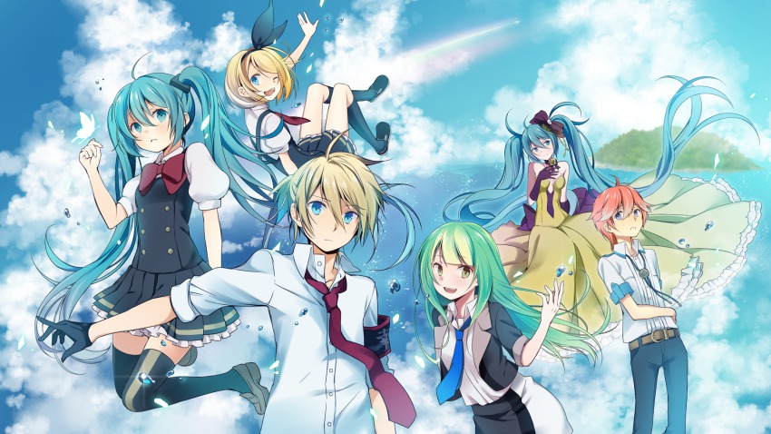 2boys 4girls blonde_hair blue_eyes bow character_request green_hair hatsune_miku hatsune_miku_(siren) highres kagamine_len kagamine_rin kochira_koufuku_anshin_iinkai_desu_(vocaloid) long_hair looking_at_viewer multiple_boys multiple_girls necktie one_eye_closed open_mouth orange_hair short_hair skirt sky thighhighs twintails very_long_hair vocaloid wink wogura