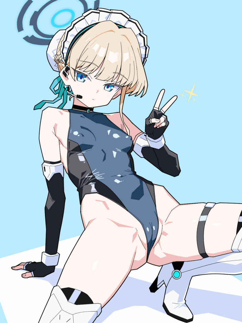 1girl blonde_hair blue_archive blue_eyes boots breasts cameltoe covered_erect_nipples expressionless fingerless_gloves gloves halo high_heel_boots high_heels highleg highleg_leotard highres leotard looking_at_viewer matuo3232 small_breasts solo toki_(abi-eshuh)_(blue_archive) toki_(blue_archive) v