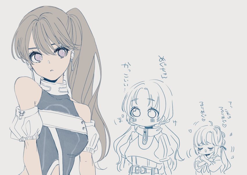 3girls ahoge anyoji_hime black_shirt blunt_bangs blush breasts brown_hair closed_eyes closed_mouth commentary cropped_jacket detached_sleeves dot_mouth earrings fujishima_megumi heart high_collar highres himejoshi hood hooded_jacket jacket jewelry link!_like!_love_live! long_hair looking_at_another love_live! low_twintails medium_breasts mira-cra_park! multi-tied_hair multiple_girls official_alternate_costume official_alternate_hairstyle open_clothes open_jacket osawa_rurino parted_bangs parted_lips partially_colored ponytail puffy_short_sleeves puffy_sleeves purple_eyes shin_(shnnnnrn1) shirt short-sleeved_jacket short_sleeves side_ponytail sidelocks simple_background sleeveless sleeveless_shirt three-quarter_sleeves solo_focus split_mouth swept_bangs translation_request twintails u_u virtual_youtuber white_background white_jacket white_sleeves zipper_pull_tab