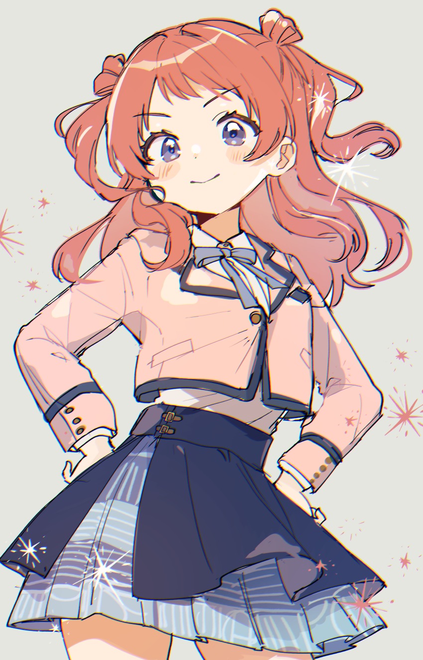 1girl absurdres black_skirt blue_ribbon blue_skirt blush buttoned_cuffs buttons closed_mouth collared_shirt commentary_request contrapposto cowboy_shot cropped_jacket dot_nose floating_hair gakuen_idolmaster grey_background hanami_saki hands_on_own_hips highres idolmaster jacket layered_skirt legs_apart long_hair looking_at_viewer neck_ribbon pink_jacket plaid_clothes plaid_skirt pleated_skirt purple_eyes red_hair ribbon school_uniform shirano_akihiro shirt sidelocks simple_background skirt sleeve_cuffs smile solo two_side_up v-shaped_eyebrows white_shirt