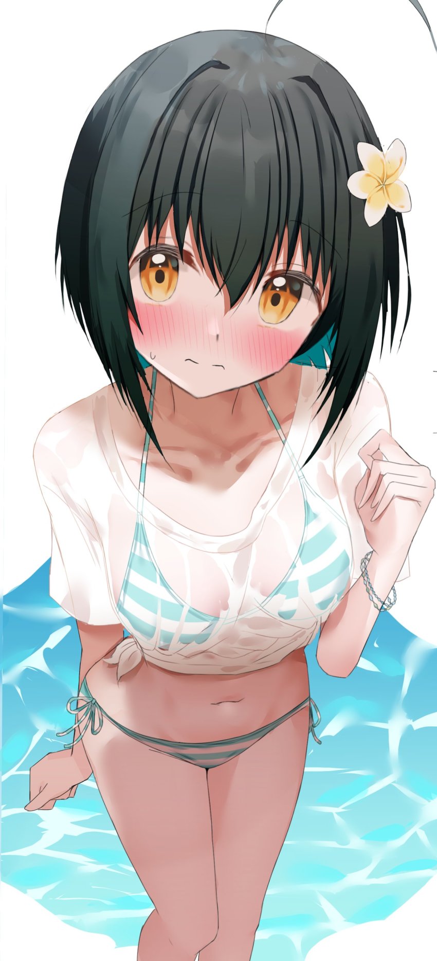 1girl absurdres ahoge ashinagi_(bijutu1) bikini bikini_under_clothes black_hair blush bracelet breasts collarbone feet_out_of_frame flower from_above full-face_blush hair_flower hair_intakes hair_ornament halterneck highres idolmaster idolmaster_cinderella_girls jewelry kohinata_miho looking_at_viewer medium_breasts navel no_pants see-through_clothes see-through_shirt shirt side-tie_bikini_bottom simple_background solo string_bikini striped_bikini striped_clothes sweatdrop swimsuit tied_shirt water wet wet_clothes wet_shirt white_shirt yellow_eyes
