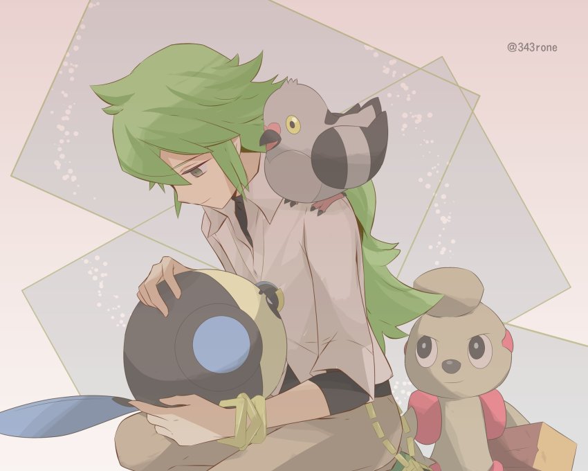 1boy 343rone artist_name bangle bracelet closed_mouth collared_shirt commentary_request gen_5_pokemon green_hair highres holding holding_pokemon jewelry long_hair male_focus n_(pokemon) necklace nintendo one-hour_drawing_challenge pidove pokemon pokemon_(creature) pokemon_bw shirt timburr tympole undershirt watermark