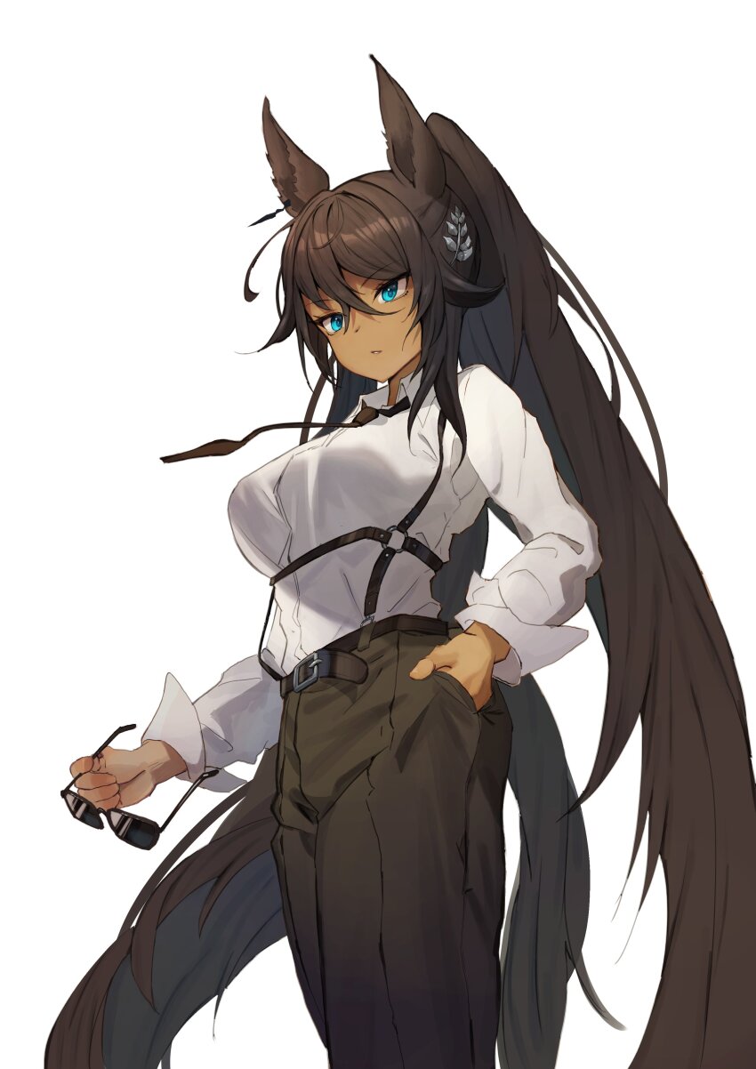 1girl absurdres alternate_costume animal_ears black_hair black_necktie black_pants blue_eyes collared_shirt dark-skinned_female dark_skin from_below from_side hair_between_eyes hand_in_pocket highres holding holding_removed_eyewear horse_ears horse_girl horse_tail long_hair long_sleeves necktie pants ponytail shirt simple_background solo sunglasses symboli_kris_s_(umamusume) tail tsujiya_okuyasu umamusume unworn_eyewear white_background white_shirt