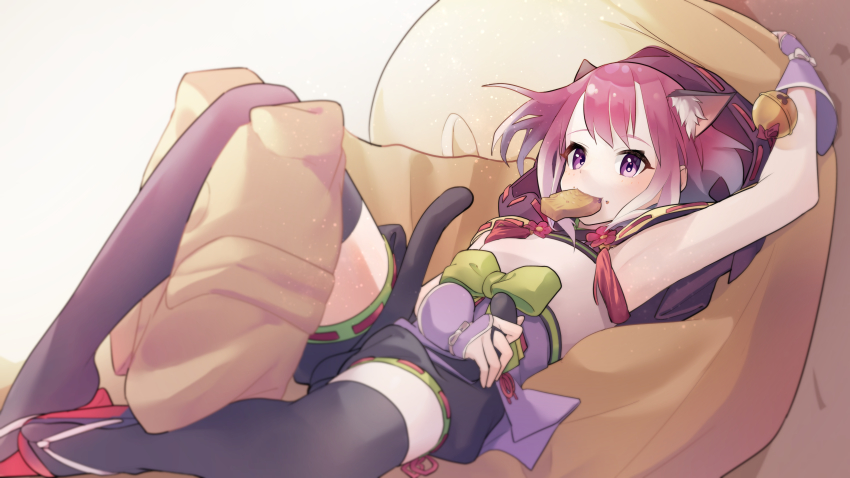 1girl absurdres animal_ear_fluff animal_ears armpits black_shorts black_thighhighs cat_ears cat_girl cat_tail fingerless_gloves food food_on_face gloves gradient_hair highres japanese_clothes kimono looking_at_viewer lying mouth_hold multicolored_hair on_back princess_connect! purple_eyes purple_hair ribbon-trimmed_hood ribbon-trimmed_shorts ribbon_trim sandals short_hair shorts sidelocks sleeveless sleeveless_kimono solo tail taiyaki tamaki_(princess_connect!) thighhighs tissuebox_(artist) wagashi