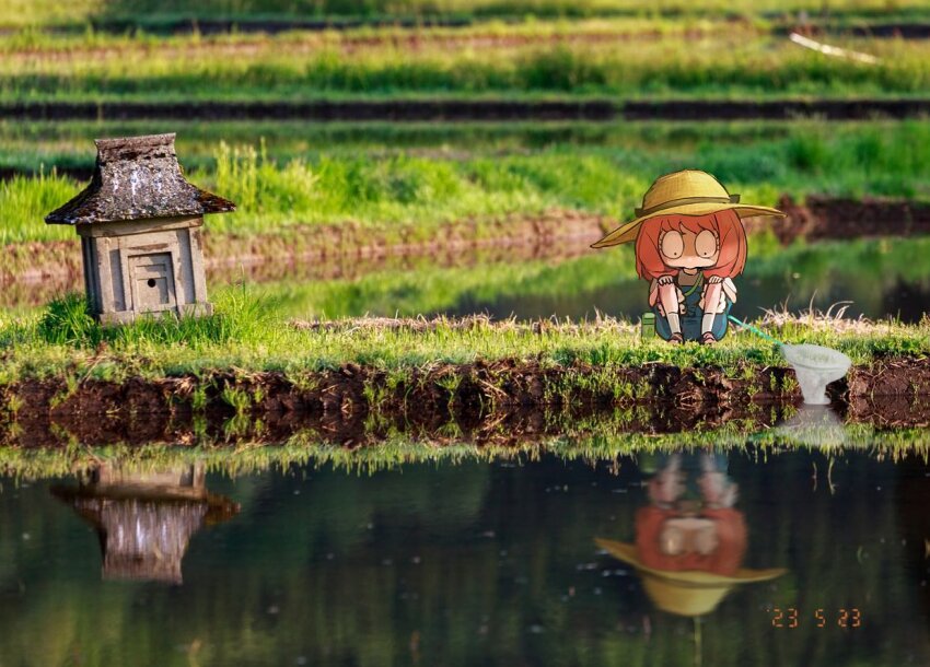 1girl anya_(spy_x_family) blue_overalls butterfly_net child constricted_pupils dated full_body hand_net hat higemu overalls photo_background pink_hair reflection reflective_water sitting solo spy_x_family sun_hat