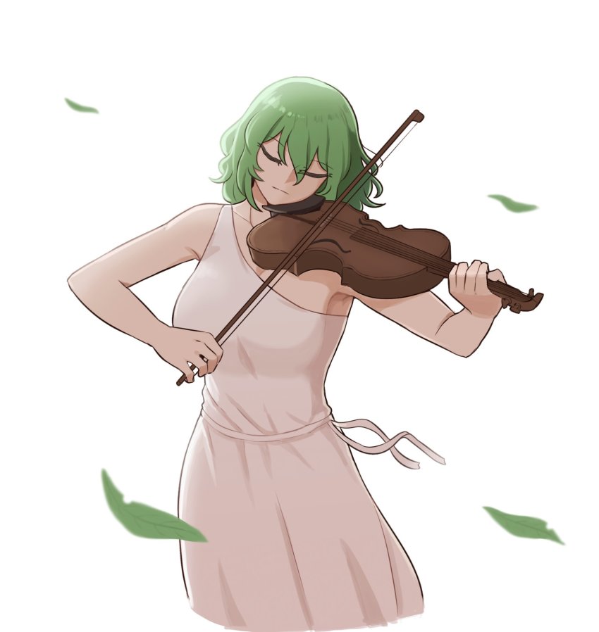 1girl ancient_greek_clothes bare_shoulders breasts closed_eyes commentary cowboy_shot dress english_commentary falling_leaves green_hair highres instrument kazami_yuuka leaf mata_(matasoup) music peplos playing_instrument simple_background single_strap solo touhou violin white_background white_dress