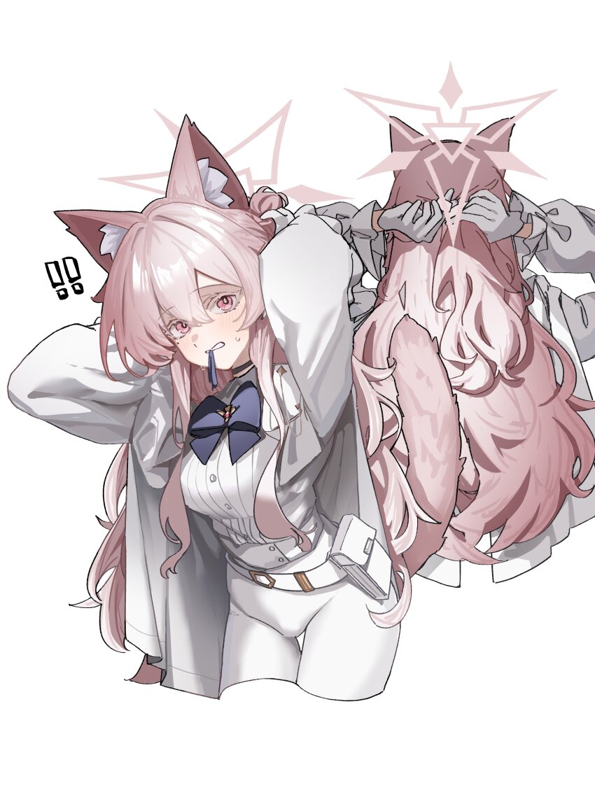 ! !! 1girl absurdres akira_(blue_archive) animal_ear_fluff animal_ears arms_behind_head belt black_bow black_bowtie black_choker blue_archive blush bow bowtie bright_pupils cat_ears cat_girl choker colored_eyelashes commentary_request cowboy_shot cropped_legs fluffy_hair from_behind gloves hair_between_eyes hair_intakes hair_tie_in_mouth hairdressing half_updo halo highres jacket long_hair long_sleeves looking_at_viewer mouth_hold multiple_views open_clothes open_jacket pants pink_hair pink_halo ponytail puffy_long_sleeves puffy_sleeves red_eyes shirt short_ponytail sidelocks simple_background surprised sweatdrop takinohamira thigh_gap very_long_hair white_background white_belt white_eyelashes white_gloves white_jacket white_pants white_pupils white_shirt