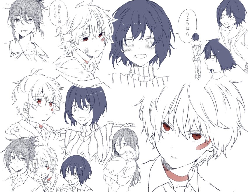 2boys 2girls absurdres akubi_sign arms_behind_back baby blush body_markings boots carrying_baby carrying_person closed_eyes collared_shirt crying crying_with_eyes_open empty_eyes hair_between_eyes head_tilt highres inukashi jacket long_hair long_sleeves looking_ahead looking_at_another looking_at_viewer multiple_boys multiple_girls nezumi_(no.6) no.6 open_mouth parted_lips ponytail red_eyes safu scared scarf serious shaded_face shion_(no.6) shirt short_hair short_ponytail sketch sleeping smile speech_bubble spot_color sweater talking tears turtleneck turtleneck_sweater vest walking wavy_mouth