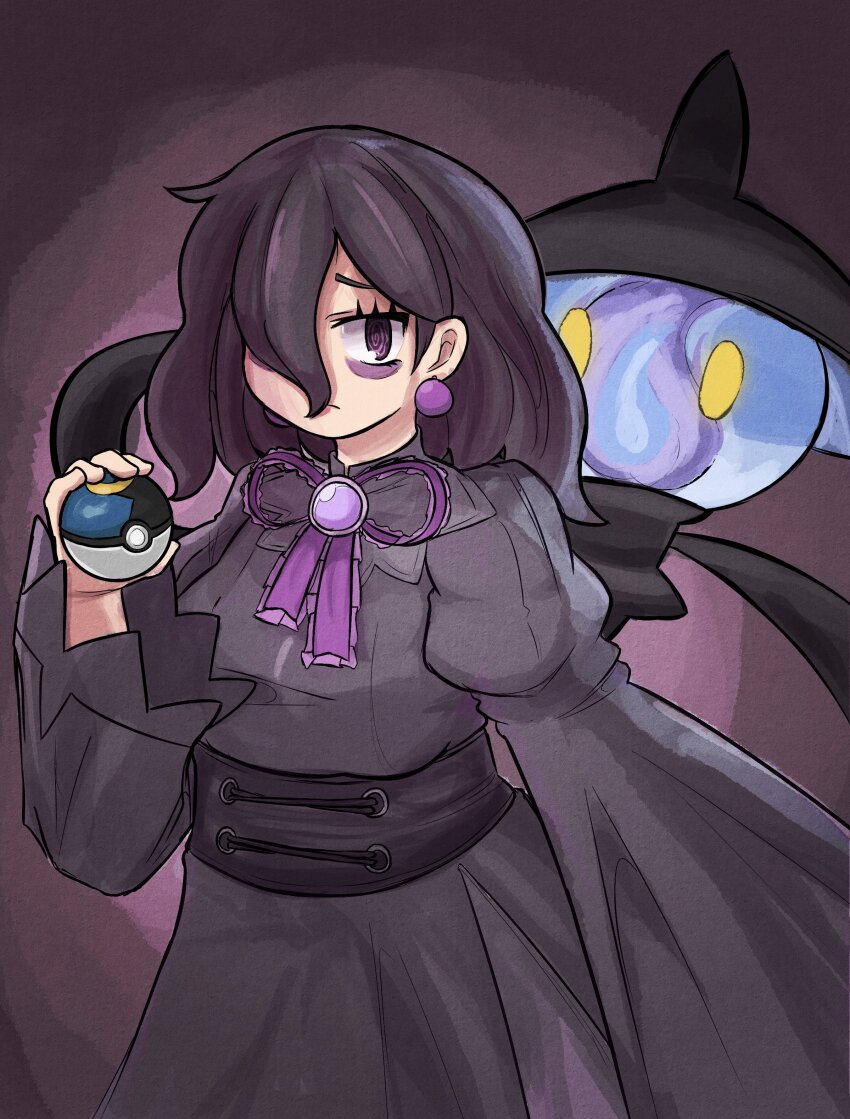 1girl @_@ absurdres bags_under_eyes black_hair commentary dress earrings english_commentary gen_5_pokemon hair_between_eyes hex_maniac_(pokemon) hex_maniac_(pokemon_legends:_z-a) highres holding holding_poke_ball jewelry lampent long_hair looking_at_viewer mcsquiddies moon_ball neck_ribbon nintendo pearl_earrings poke_ball pokemon pokemon_(creature) pokemon_legends:_z-a purple_eyes purple_ribbon ribbon simple_background solo