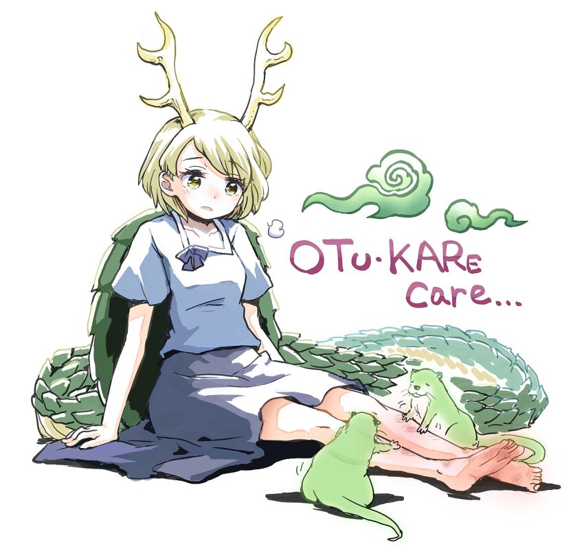 1girl antlers blonde_hair blue_skirt dragon_tail highres horns kicchou_yachie massage mizumoto_tadashi otter otter_spirit_(touhou) puff_of_air shirt short_hair short_sleeves sigh sitting skincare skirt spiked_tail tail touhou turtle_shell white_shirt yellow_eyes