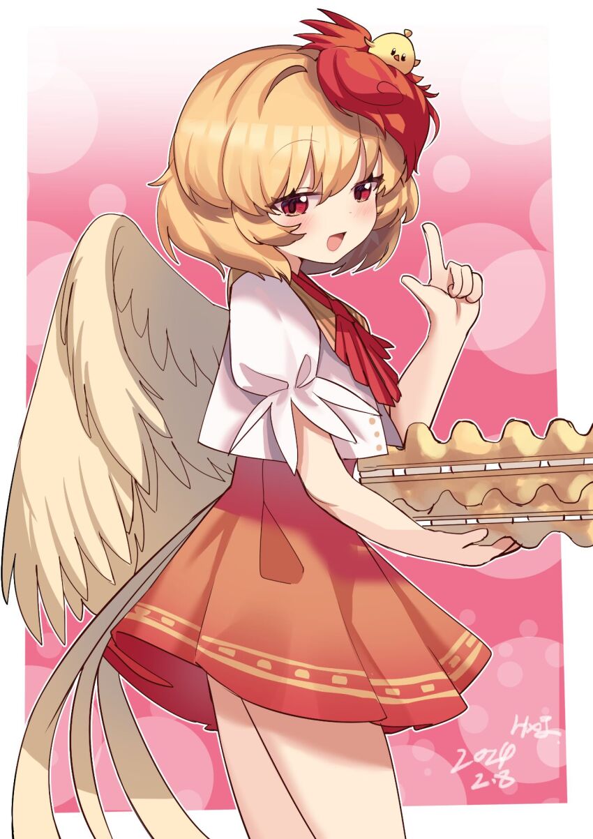 1girl bird bird_tail bird_wings chick chicken egg highres hxj_(2324184595) looking_at_viewer multicolored_hair neck_ribbon niwatari_kutaka orange_skirt red_eyes ribbon shirt skirt tail touhou white_shirt wily_beast_and_weakest_creature wings