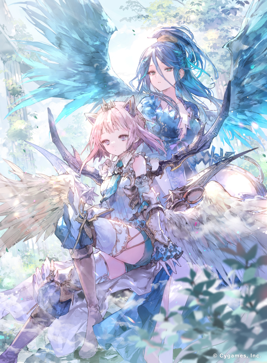 2girls angel angel_wings armor blue_dress blue_eyes blue_hair blue_wings boots breasts brown_hair cleavage company_name crown detached_sleeves double-parted_bangs dress feathered_wings flying frilled_shirt frills hair_between_eyes hair_ornament high_ponytail highres israfil_(shadowverse) knee_boots large_breasts long_bangs long_hair looking_afar low_wings mechanical_wings multiple_girls official_art onineko outdoors plant ponytail purple_eyes sahaquiel_(shadowverse) shadowverse shadowverse_evolve shirt short_hair thighhighs wings