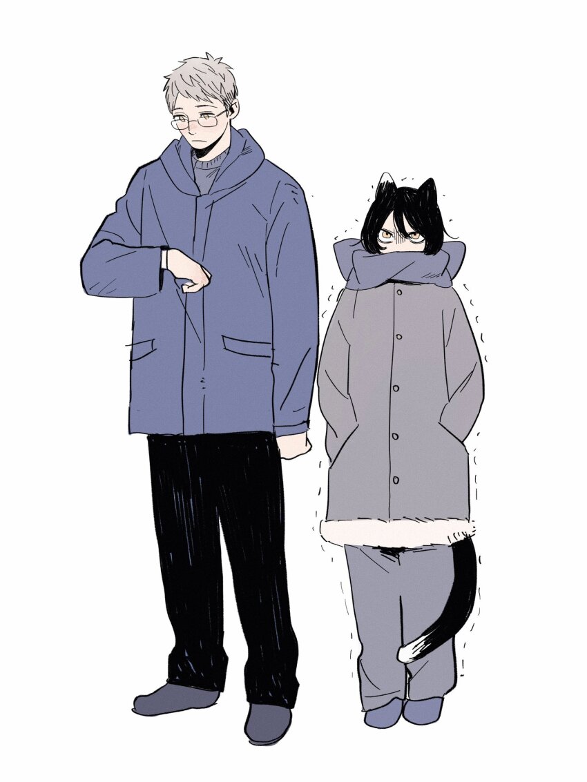 1boy 1girl animal_ears black_hair black_pants blonde_hair blue_coat blue_footwear cat_ears cat_girl cat_tail coat dungeon_meshi frs2 glasses grey_coat grey_footwear grey_sweater hair_between_eyes highres izutsumi laios_touden multicolored_hair pants scarf short_hair simple_background sweater tail trembling two-tone_hair white_background yellow_eyes