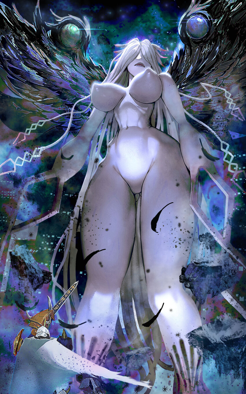 absurdres arm_blade black_wings breasts colored_skin covered_erect_nipples cowboy_shot digimon digimon_(creature) feathered_wings giant giantess grey_hair grey_skin hair_over_eyes highres large_breasts long_hair mddueck mecha omegamon ordinemon parted_lips robot sharp_teeth solo_focus teeth weapon wings