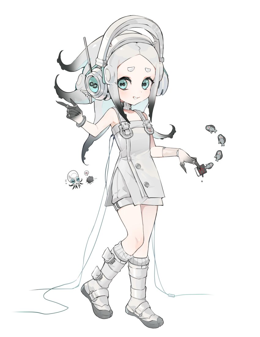 1girl absurdres bare_shoulders between_fingers black_hair blue_eyes boots bracelet cephalopod_eyes choker color_chip_(splatoon) colored_extremities commentary_request creature_and_personification detached_sleeves dress flat_chest flying_sweatdrops full_body furrowed_brow gradient_hair grin hand_up headphones highres holding horizontal_pupils jelleton jewelry kumo_(kumo_hsc0216) long_hair looking_to_the_side marching_andante multicolored_hair multiple_rings nintendo octoling parted_bangs personification ring see-through_clothes see-through_sleeves shorts shorts_under_dress simple_background single_detached_sleeve sleeveless sleeveless_dress smile smollusk_(splatoon) socks solo splatoon_(series) splatoon_3 splatoon_3:_side_order standing suction_cups tentacle_hair thick_eyebrows two-tone_hair white_background white_boots white_choker white_dress white_hair white_headphones white_shorts white_socks