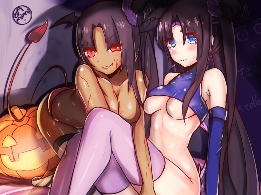 2girls alternate_costume bat_wings black_hair blue_eyes bottomless breasts commentary_request dark_persona detached_sleeves fate/grand_order fate_(series) halloween highres jack-o&#039;-lantern leg_warmers looking_at_viewer medium_breasts multiple_girls panties pumpkin red_eyes red_panties samimitan tail topless_female underwear ushiwakamaru_(corrupted)_(fate) ushiwakamaru_(fate) wings
