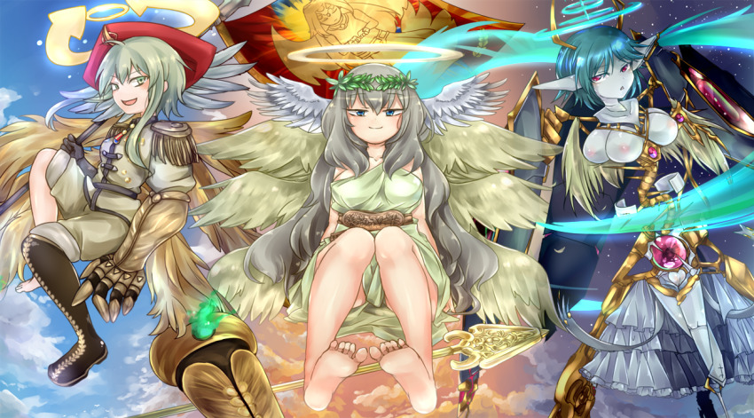3girls ahoge angel angel_wings aqua_halo arrow_(symbol) bare_legs bare_shoulders barefoot biblically_accurate_angel black_gloves blonde_hair blue_eyes blue_hair blue_sky boots breasts character_print closed_mouth cloud colored_skin commentary_request core epaulettes extra_breasts feathered_wings feet feet_out_of_frame flag full_body gauntlets gem gloves glowing gnosis_(mon-musu_quest!) gold_horns gold_trim green_eyes grey_hair grey_skin grey_skirt hair_between_eyes halo head_wings heaven holding holding_flag holding_polearm holding_weapon ilias jacket jitome knee_boots knees_up large_breasts laurel_crown light_blush long_hair looking_at_viewer medal mon-musu_quest! mon-musu_quest:_paradox multiple_girls multiple_halos multiple_wings open_mouth over_shoulder pale_skin pippi_(ku_ro_do_zorizo_to) polearm purple_gemstone pussy red_eyes red_headwear seraph_eden shield_module short_hair shorts sidelocks single_bare_foot single_gauntlet single_knee_boot sitting skirt sky smile soles space spear spine straight-on toes toga triangle_mouth uncensored very_long_hair weapon white_jacket white_shorts wind wings zion_(mon-musu_quest!)