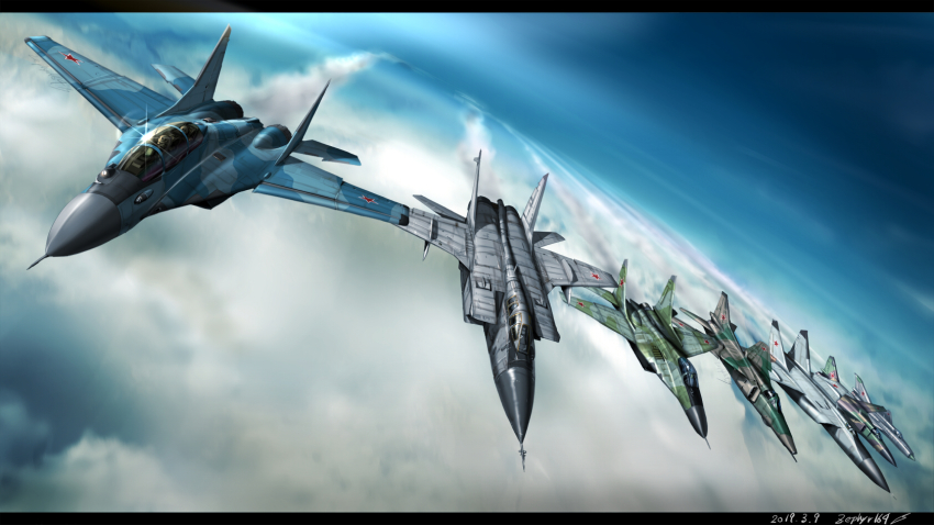 aircraft airplane attack_aircraft blue_sky cloud contrail fighter_jet highres interceptor_aircraft letterboxed mig-21 mig-23 mig-25 mig-27 mig-29 mig-31 military military_vehicle original real_life realistic sky vehicle_focus zephyr164