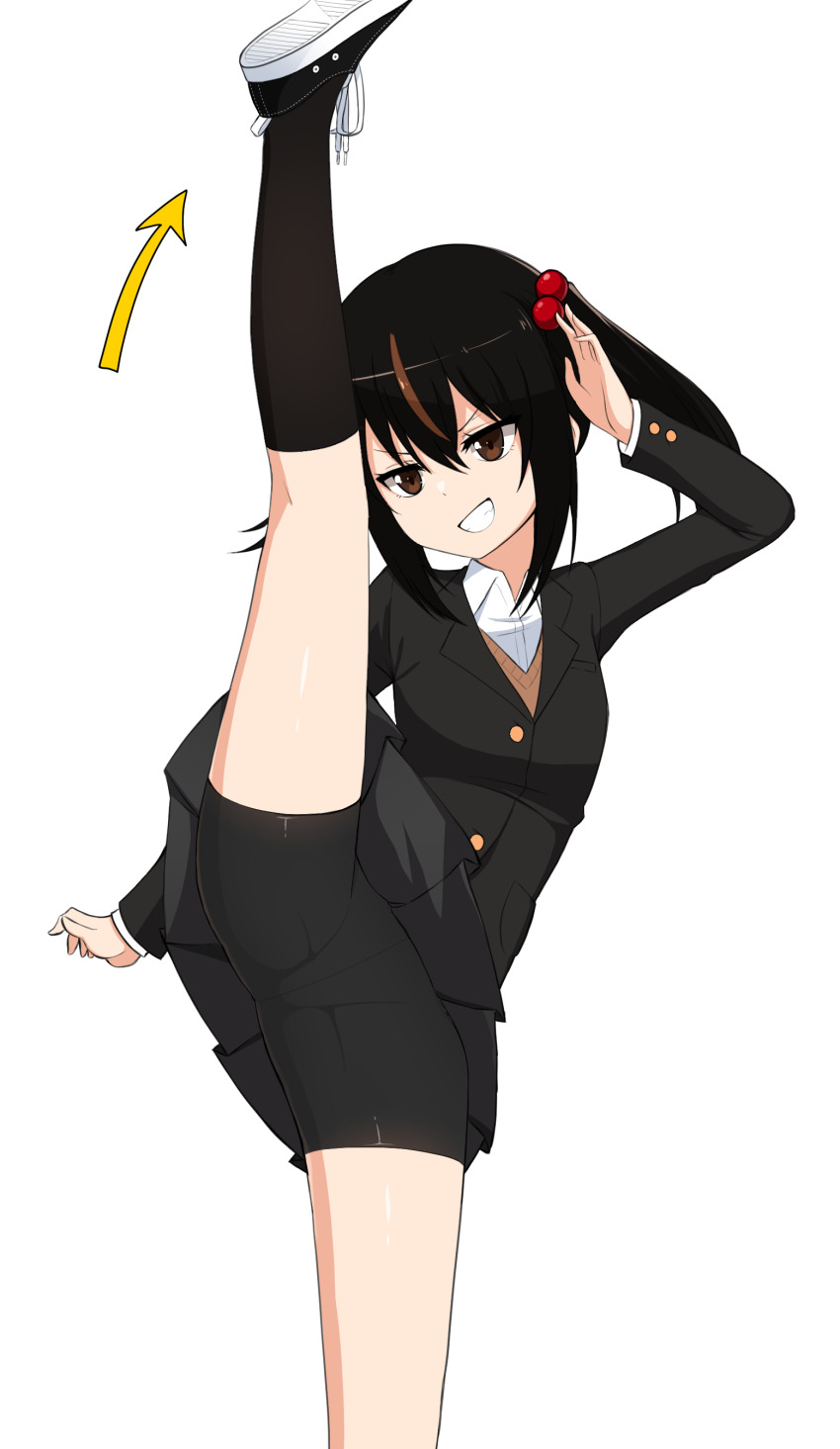 1girl absurdres arrow_(symbol) bike_shorts black_hair black_jacket black_shoes black_shorts black_skirt black_socks blazer brown_eyes collared_shirt dress_shirt grin hair_between_eyes hair_bobbles hair_ornament highres jacket kneehighs leg_up long_hair long_sleeves multicolored_hair nanju_bami original panties_under_bike_shorts pleated_skirt school_uniform shirt shoes short_shorts shorts shorts_under_skirt simple_background skirt smile socks solo split standing standing_on_one_leg standing_split streaked_hair sweater_vest twintails v-shaped_eyebrows white_background white_shirt