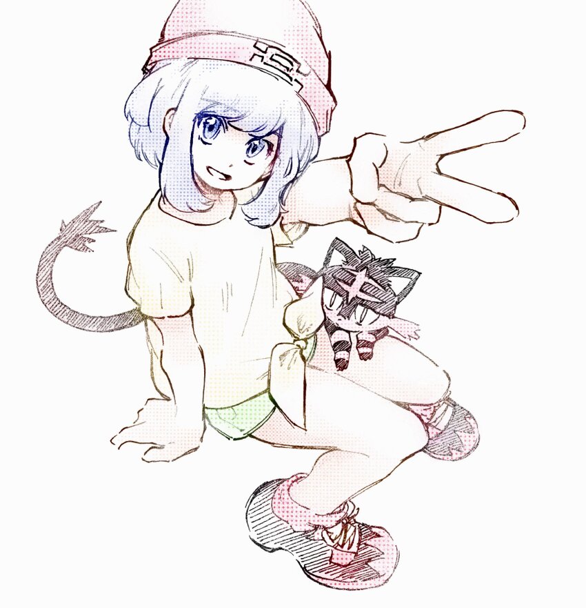 1girl arm_support arm_up beanie blue_eyes blue_hair gen_7_pokemon green_shorts grin hat highres invisible_chair litten looking_at_viewer looking_up nintendo pink_hat pokemon pokemon_(creature) pokemon_on_leg pokemon_sm selene_(pokemon) shirt shoes short_sleeves shorts simple_background sitting smile t-shirt tan_carbonnn teeth tied_shirt v white_background